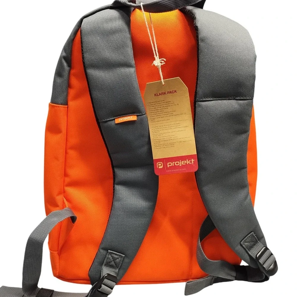 Projekt Klark Unisex Backpack Orange Gray Padded Shoulder Straps Water Resistant